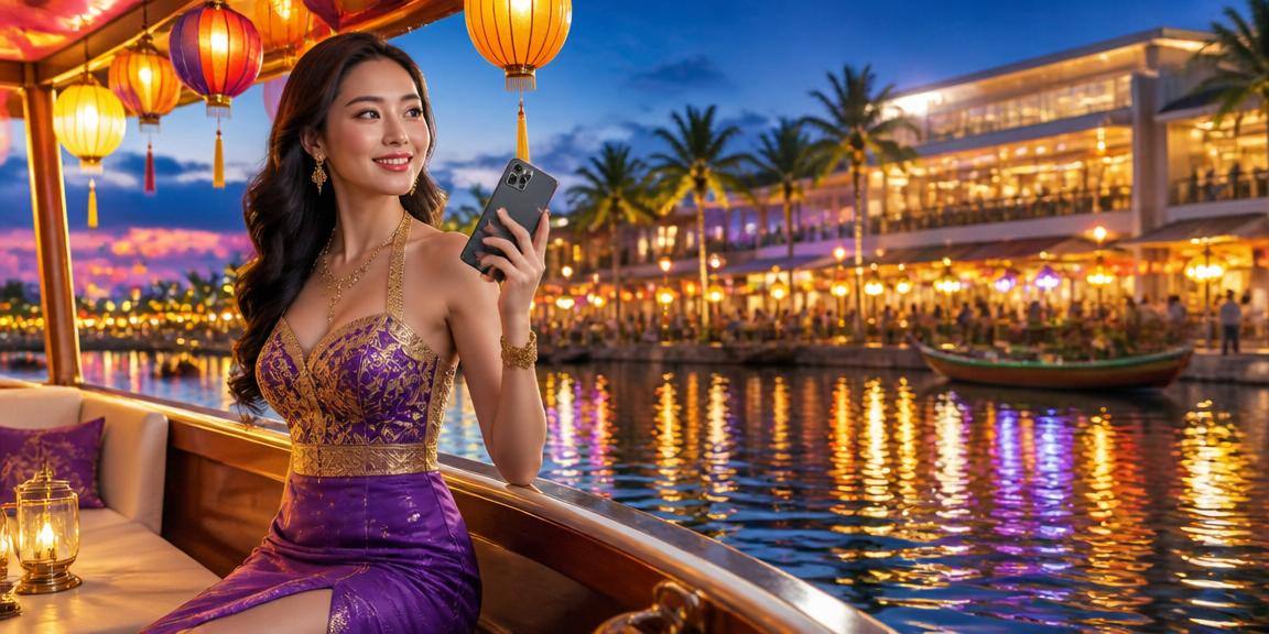 Người chơi casino trên điện thoại tại chợ đêm Hội An lung linh đèn lồng