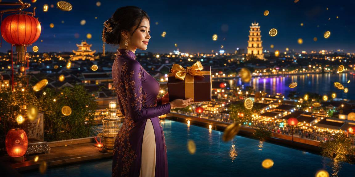 Cô gái mặc áo dài chơi slot game dưới ánh đèn lồng Hội An